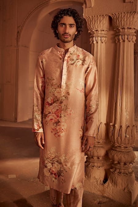 Buy_Kalista_Pink Chanderi Embroidery Floral Print Kurta Set _Online_at_Aza_Fashions