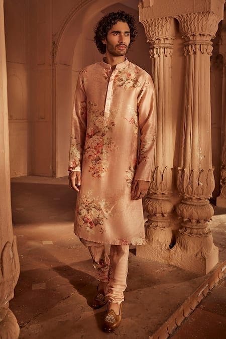 Shop_Kalista_Pink Chanderi Embroidery Floral Print Kurta Set _Online_at_Aza_Fashions