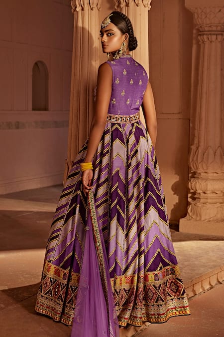 Shop Kalista Purple Silk, Net Embroidery Mandarin Leher Raw Yoke Anarkali With Dupatta at Aza Fashions Shop_Kalista_Purple Silk, Net Embroidery Mandarin Leher Raw Yoke Anarkali With Dupatta _at_Aza_Fashions
