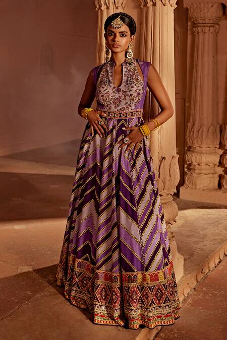 Kalista Purple Silk, Net Embroidery Mandarin Leher Raw Yoke Anarkali With Dupatta Online at Aza Fashions Kalista_Purple Silk, Net Embroidery Mandarin Leher Raw Yoke Anarkali With Dupatta _Online_at_Aza_Fashions