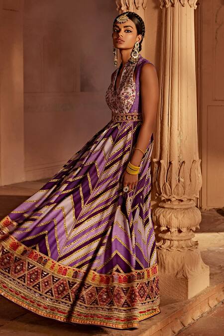 Buy Kalista Purple Silk, Net Embroidery Mandarin Leher Raw Yoke Anarkali With Dupatta Online at Aza Fashions Buy_Kalista_Purple Silk, Net Embroidery Mandarin Leher Raw Yoke Anarkali With Dupatta _Online_at_Aza_Fashions