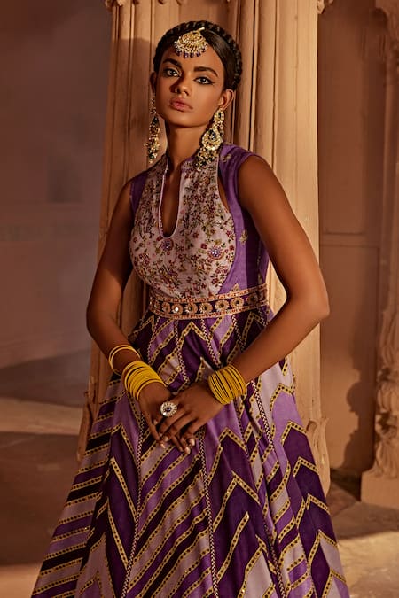 Shop Kalista Purple Silk, Net Embroidery Mandarin Leher Raw Yoke Anarkali With Dupatta Online at Aza Fashions Shop_Kalista_Purple Silk, Net Embroidery Mandarin Leher Raw Yoke Anarkali With Dupatta _Online_at_Aza_Fashions