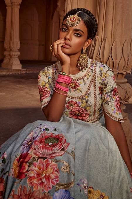 Kalista Blue Silk, Georgette Crystals, Embroidery Manya Raw Yoke Anarkali With Dupatta at Aza Fashions Kalista_Blue Silk, Georgette Crystals, Embroidery Manya Raw Yoke Anarkali With Dupatta _at_Aza_Fashions