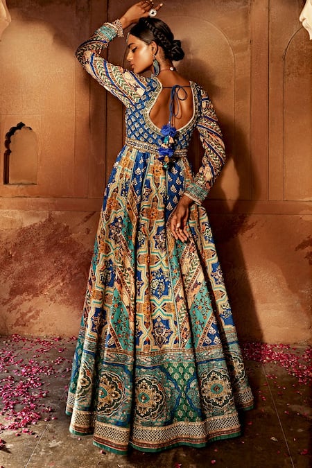 Shop_Kalista_Blue Silk, Net Beads, Sequins, Gota Patti, Jannat Adda Anarkali With Dupatta _at_Aza_Fashions