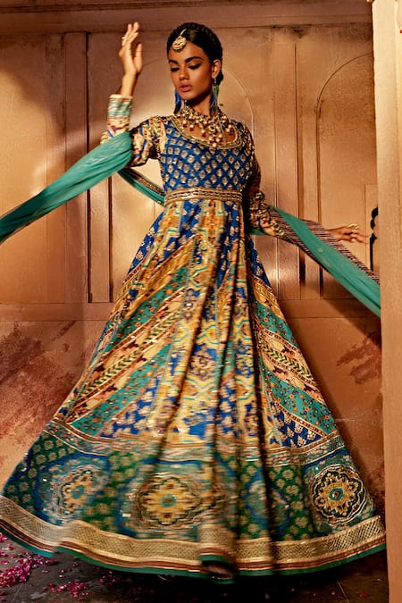 Kalista_Blue Silk, Net Beads, Sequins, Gota Patti, Jannat Adda Anarkali With Dupatta _Online_at_Aza_Fashions