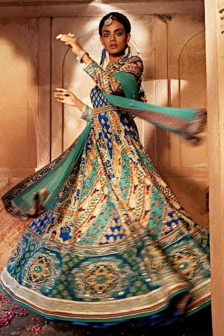 Buy_Kalista_Blue Silk, Net Beads, Sequins, Gota Patti, Jannat Adda Anarkali With Dupatta _Online_at_Aza_Fashions