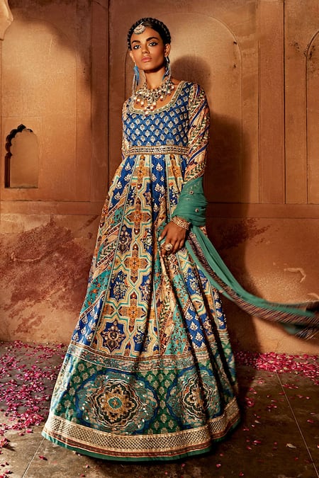 Shop_Kalista_Blue Silk, Net Beads, Sequins, Gota Patti, Jannat Adda Anarkali With Dupatta _Online_at_Aza_Fashions