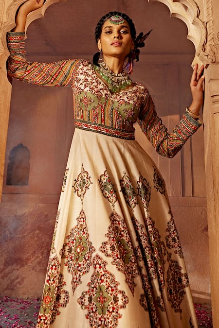 Kalista Off White Silk, Net Sequins, Beads, Zaina Raw Yoke Anarkali With Dupatta Online at Aza Fashions Kalista_Off White Silk, Net Sequins, Beads, Zaina Raw Yoke Anarkali With Dupatta _Online_at_Aza_Fashions