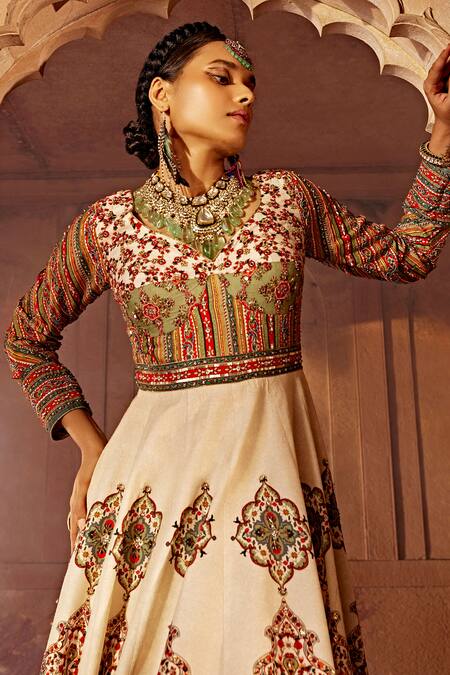 Shop Kalista Off White Silk, Net Sequins, Beads, Zaina Raw Yoke Anarkali With Dupatta Online at Aza Fashions Shop_Kalista_Off White Silk, Net Sequins, Beads, Zaina Raw Yoke Anarkali With Dupatta _Online_at_Aza_Fashions