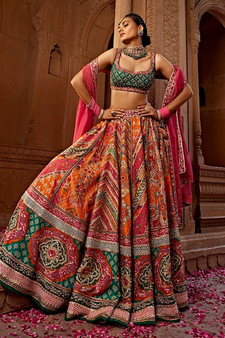 Kalista Multi Color Silk, Georgette, Tissue Aadhya Raw Floral Print Bridal Lehenga Set 