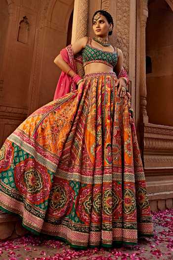 Buy Kalista Emerald Green Silk, Tissue, Georgette Floral Print Raw Bridal Lehenga Set Online at Aza Fashions Buy_Kalista_Emerald Green Silk, Tissue, Georgette Floral Print Raw Bridal Lehenga Set _Online_at_Aza_Fashions