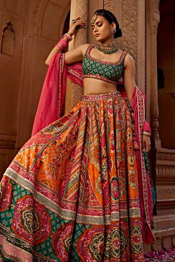 Shop Kalista Emerald Green Silk, Tissue, Georgette Floral Print Raw Bridal Lehenga Set Online at Aza Fashions Shop_Kalista_Emerald Green Silk, Tissue, Georgette Floral Print Raw Bridal Lehenga Set _Online_at_Aza_Fashions