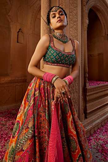 Kalista Emerald Green Silk, Tissue, Georgette Floral Print Raw Bridal Lehenga Set at Aza Fashions Kalista_Emerald Green Silk, Tissue, Georgette Floral Print Raw Bridal Lehenga Set _at_Aza_Fashions