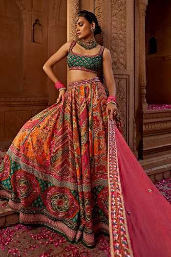 Buy Kalista Emerald Green Silk, Tissue, Georgette Floral Print Raw Bridal Lehenga Set Buy_Kalista_Emerald Green Silk, Tissue, Georgette Floral Print Raw Bridal Lehenga Set