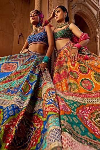Shop Kalista Emerald Green Silk, Tissue, Georgette Floral Print Raw Bridal Lehenga Set Shop_Kalista_Emerald Green Silk, Tissue, Georgette Floral Print Raw Bridal Lehenga Set