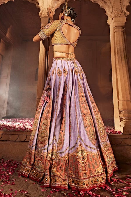 Shop Kalista Purple Silk, Cotton Beads, Sequins Kimaya Paisley Print Raw Bridal Lehenga Set at Aza Fashions Shop_Kalista_Purple Silk, Cotton Beads, Sequins Kimaya Paisley Print Raw Bridal Lehenga Set _at_Aza_Fashions