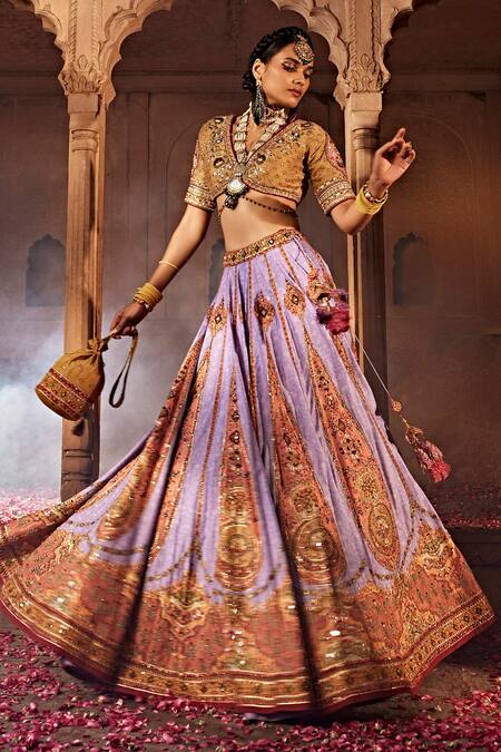 Kalista Purple Silk, Cotton Beads, Sequins Kimaya Paisley Print Raw Bridal Lehenga Set Online at Aza Fashions Kalista_Purple Silk, Cotton Beads, Sequins Kimaya Paisley Print Raw Bridal Lehenga Set _Online_at_Aza_Fashions