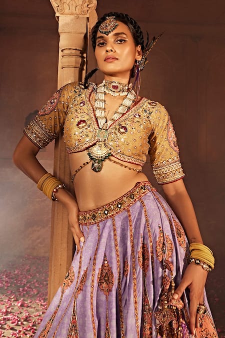 Buy Kalista Purple Silk, Cotton Beads, Sequins Kimaya Paisley Print Raw Bridal Lehenga Set Online at Aza Fashions Buy_Kalista_Purple Silk, Cotton Beads, Sequins Kimaya Paisley Print Raw Bridal Lehenga Set _Online_at_Aza_Fashions