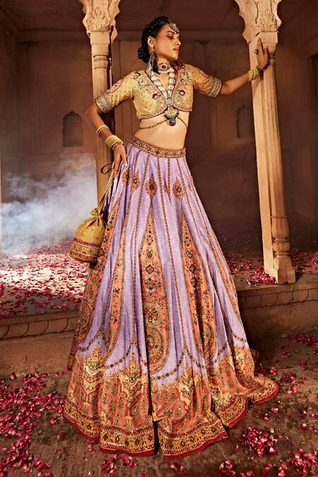 Shop Kalista Purple Silk, Cotton Beads, Sequins Kimaya Paisley Print Raw Bridal Lehenga Set Online at Aza Fashions Shop_Kalista_Purple Silk, Cotton Beads, Sequins Kimaya Paisley Print Raw Bridal Lehenga Set _Online_at_Aza_Fashions