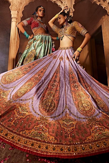 Kalista Purple Silk, Cotton Beads, Sequins Kimaya Paisley Print Raw Bridal Lehenga Set at Aza Fashions Kalista_Purple Silk, Cotton Beads, Sequins Kimaya Paisley Print Raw Bridal Lehenga Set _at_Aza_Fashions