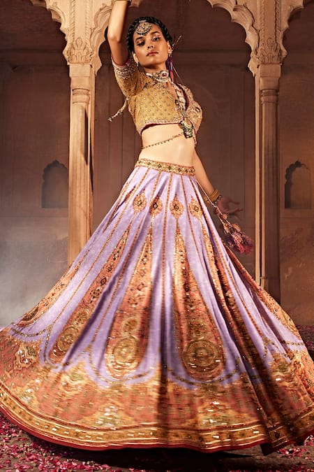 Buy Kalista Purple Silk, Cotton Beads, Sequins Kimaya Paisley Print Raw Bridal Lehenga Set Buy_Kalista_Purple Silk, Cotton Beads, Sequins Kimaya Paisley Print Raw Bridal Lehenga Set