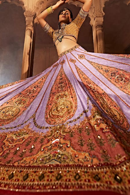 Shop Kalista Purple Silk, Cotton Beads, Sequins Kimaya Paisley Print Raw Bridal Lehenga Set Shop_Kalista_Purple Silk, Cotton Beads, Sequins Kimaya Paisley Print Raw Bridal Lehenga Set