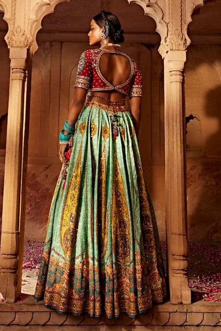 Shop Kalista Blue Silk Sequins, Beads V-neck Kimaya Raw Paisley Print Bridal Lehenga Set at Aza Fashions Shop_Kalista_Blue Silk Sequins, Beads V-neck Kimaya Raw Paisley Print Bridal Lehenga Set _at_Aza_Fashions