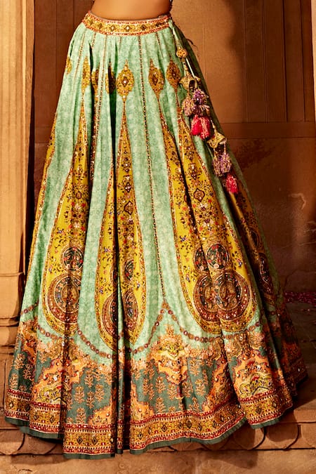 Kalista Blue Silk Sequins, Beads V-neck Kimaya Raw Paisley Print Bridal Lehenga Set Online at Aza Fashions Kalista_Blue Silk Sequins, Beads V-neck Kimaya Raw Paisley Print Bridal Lehenga Set _Online_at_Aza_Fashions