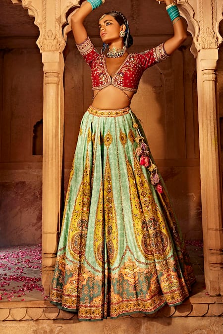 Buy Kalista Blue Silk Sequins, Beads V-neck Kimaya Raw Paisley Print Bridal Lehenga Set Online at Aza Fashions Buy_Kalista_Blue Silk Sequins, Beads V-neck Kimaya Raw Paisley Print Bridal Lehenga Set _Online_at_Aza_Fashions