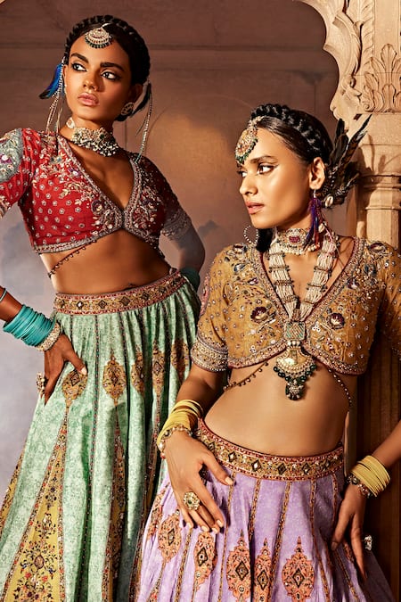 Kalista Blue Silk Sequins, Beads V-neck Kimaya Raw Paisley Print Bridal Lehenga Set at Aza Fashions Kalista_Blue Silk Sequins, Beads V-neck Kimaya Raw Paisley Print Bridal Lehenga Set _at_Aza_Fashions