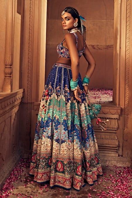 Shop Kalista Blue , Chanderi Sequins, Mehvish Raw Persian Print Bridal Lehenga Set at Aza Fashions Shop_Kalista_Blue , Chanderi Sequins, Mehvish Raw Persian Print Bridal Lehenga Set _at_Aza_Fashions