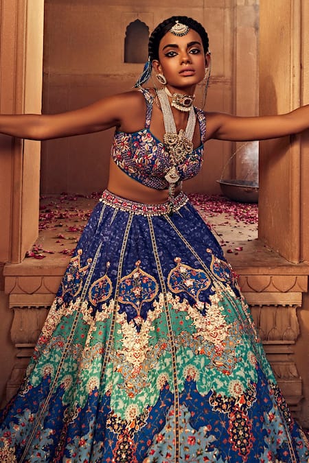 Buy Kalista Blue , Chanderi Sequins, Mehvish Raw Persian Print Bridal Lehenga Set Online at Aza Fashions Buy_Kalista_Blue , Chanderi Sequins, Mehvish Raw Persian Print Bridal Lehenga Set _Online_at_Aza_Fashions