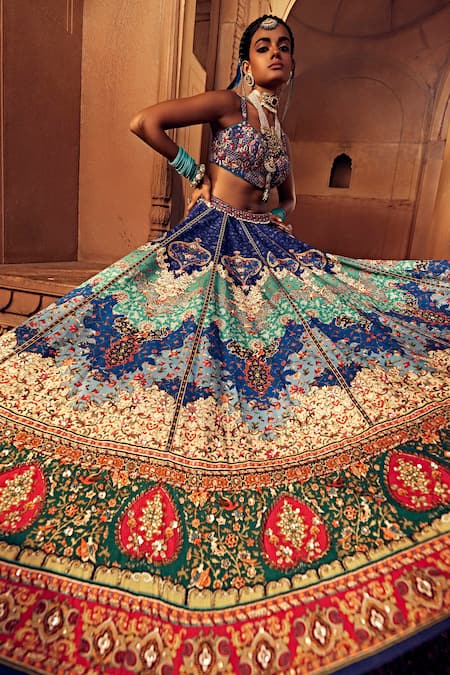 Shop Kalista Blue , Chanderi Sequins, Mehvish Raw Persian Print Bridal Lehenga Set Online at Aza Fashions Shop_Kalista_Blue , Chanderi Sequins, Mehvish Raw Persian Print Bridal Lehenga Set _Online_at_Aza_Fashions