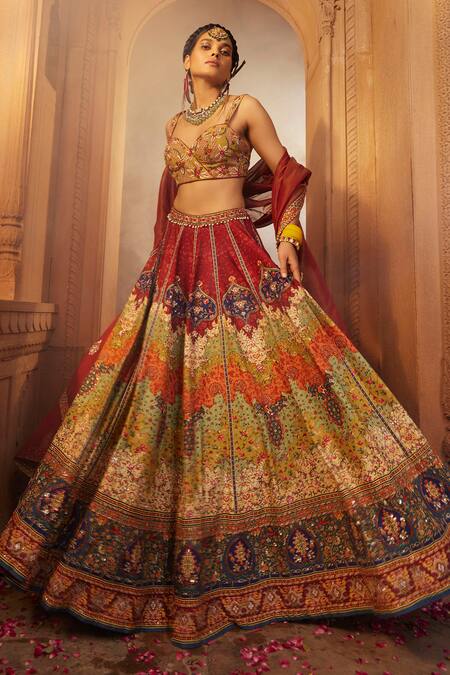 Kalista Multi Color Silk, Georgette Mehvish Raw Persian Print Bridal Lehenga Set Online at Aza Fashions Kalista_Multi Color Silk, Georgette Mehvish Raw Persian Print Bridal Lehenga Set _Online_at_Aza_Fashions