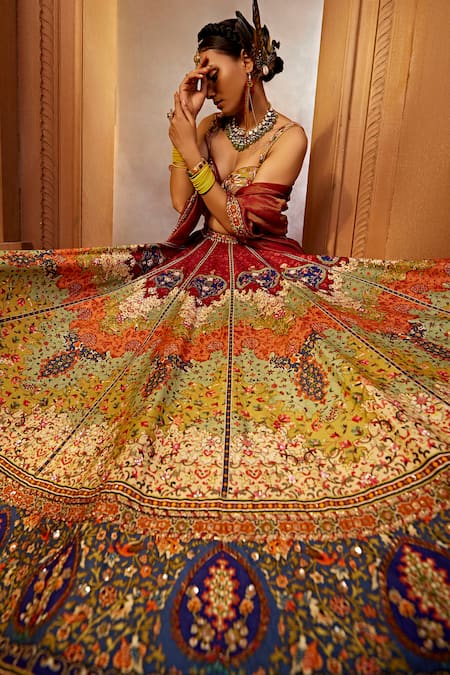 Shop Kalista Multi Color Silk, Georgette Mehvish Raw Persian Print Bridal Lehenga Set Online at Aza Fashions Shop_Kalista_Multi Color Silk, Georgette Mehvish Raw Persian Print Bridal Lehenga Set _Online_at_Aza_Fashions