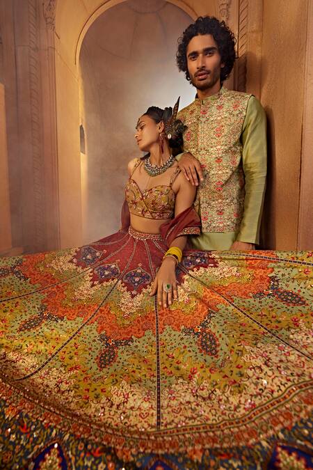 Kalista Multi Color Silk, Georgette Mehvish Raw Persian Print Bridal Lehenga Set at Aza Fashions Kalista_Multi Color Silk, Georgette Mehvish Raw Persian Print Bridal Lehenga Set _at_Aza_Fashions