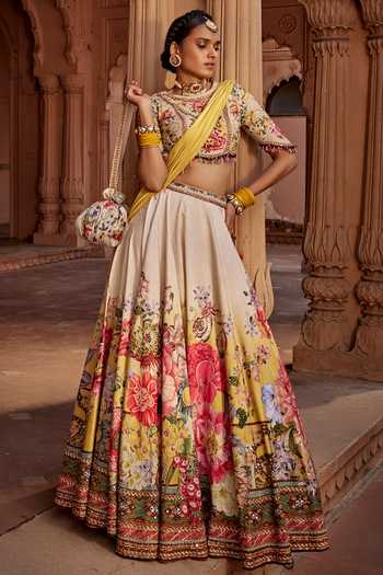 Kalista Beige Silk, Georgette Sequins, Manya Raw Floral Bloom Print Bridal Lehenga Set Online at Aza Fashions Kalista_Beige Silk, Georgette Sequins, Manya Raw Floral Bloom Print Bridal Lehenga Set _Online_at_Aza_Fashions