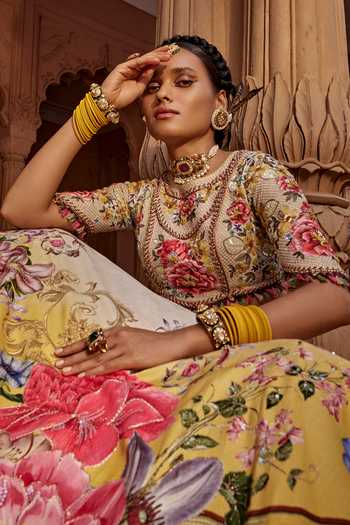 Buy Kalista Beige Silk, Georgette Sequins, Manya Raw Floral Bloom Print Bridal Lehenga Set Online at Aza Fashions Buy_Kalista_Beige Silk, Georgette Sequins, Manya Raw Floral Bloom Print Bridal Lehenga Set _Online_at_Aza_Fashions