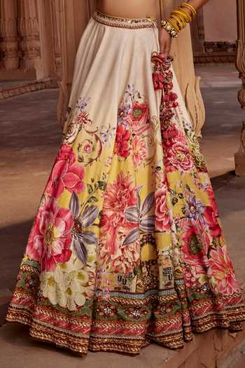 Shop Kalista Beige Silk, Georgette Sequins, Manya Raw Floral Bloom Print Bridal Lehenga Set Online at Aza Fashions Shop_Kalista_Beige Silk, Georgette Sequins, Manya Raw Floral Bloom Print Bridal Lehenga Set _Online_at_Aza_Fashions
