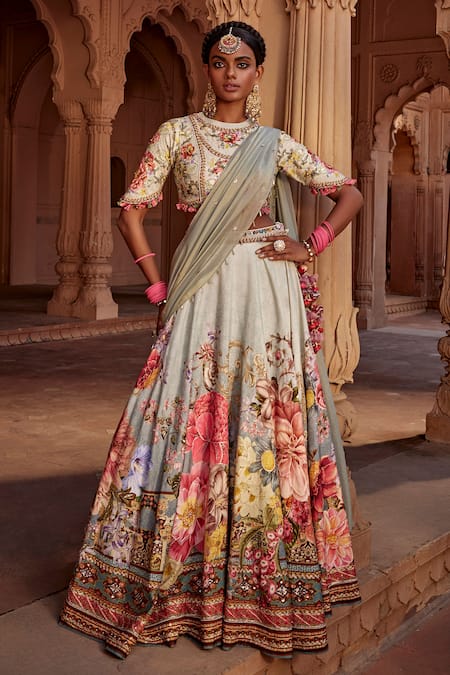 Kalista Manya Raw Silk Flower Bloom Print Bridal Lehenga Set 