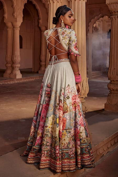 Shop Kalista Blue Silk, Georgette Manya Raw Flower Bloom Print Bridal Lehenga Set at Aza Fashions Shop_Kalista_Blue Silk, Georgette Manya Raw Flower Bloom Print Bridal Lehenga Set _at_Aza_Fashions