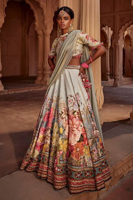 Kalista Blue Silk, Georgette Manya Raw Flower Bloom Print Bridal Lehenga Set Online at Aza Fashions Kalista_Blue Silk, Georgette Manya Raw Flower Bloom Print Bridal Lehenga Set _Online_at_Aza_Fashions