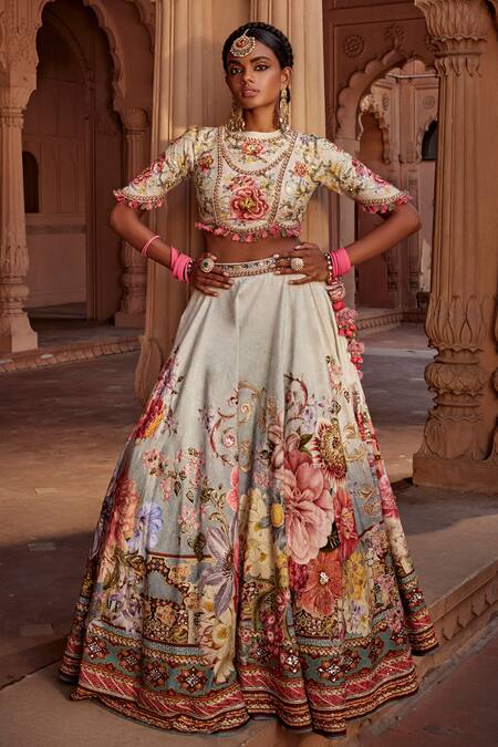 Buy Kalista Blue Silk, Georgette Manya Raw Flower Bloom Print Bridal Lehenga Set Online at Aza Fashions Buy_Kalista_Blue Silk, Georgette Manya Raw Flower Bloom Print Bridal Lehenga Set _Online_at_Aza_Fashions