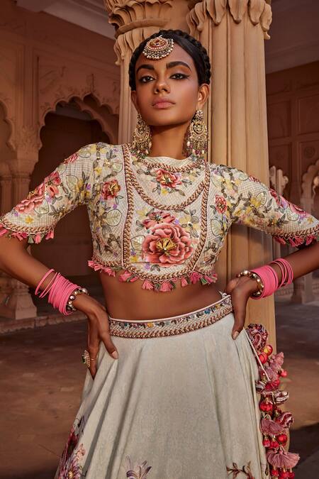 Kalista Blue Silk, Georgette Manya Raw Flower Bloom Print Bridal Lehenga Set at Aza Fashions Kalista_Blue Silk, Georgette Manya Raw Flower Bloom Print Bridal Lehenga Set _at_Aza_Fashions