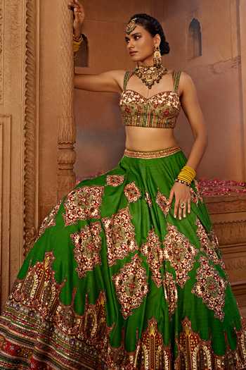Kalista Green Silk, Georgette, Leather, Zaina Persian Floral Pattern Bridal Lehenga Set Online at Aza Fashions Kalista_Green Silk, Georgette, Leather, Zaina Persian Floral Pattern Bridal Lehenga Set _Online_at_Aza_Fashions