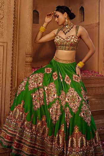 Buy Kalista Green Silk, Georgette, Leather, Zaina Persian Floral Pattern Bridal Lehenga Set Online at Aza Fashions Buy_Kalista_Green Silk, Georgette, Leather, Zaina Persian Floral Pattern Bridal Lehenga Set _Online_at_Aza_Fashions