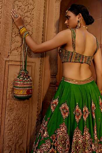 Kalista Green Silk, Georgette, Leather, Zaina Persian Floral Pattern Bridal Lehenga Set at Aza Fashions Kalista_Green Silk, Georgette, Leather, Zaina Persian Floral Pattern Bridal Lehenga Set _at_Aza_Fashions