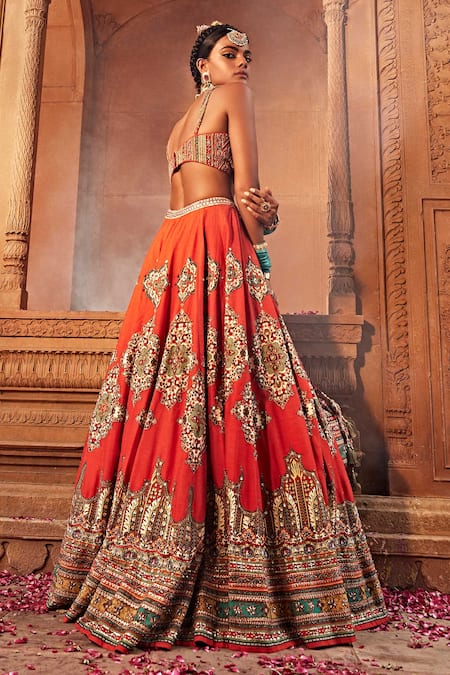Shop Kalista Red Leatherette, Tissue, Silk, Zaina Persian Flower Pattern Bridal Lehenga Set at Aza Fashions Shop_Kalista_Red Leatherette, Tissue, Silk, Zaina Persian Flower Pattern Bridal Lehenga Set _at_Aza_Fashions