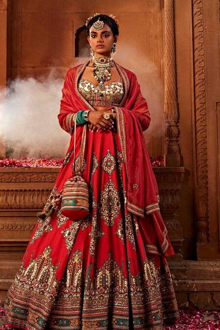 Kalista Red Leatherette, Tissue, Silk, Zaina Persian Flower Pattern Bridal Lehenga Set Online at Aza Fashions Kalista_Red Leatherette, Tissue, Silk, Zaina Persian Flower Pattern Bridal Lehenga Set _Online_at_Aza_Fashions