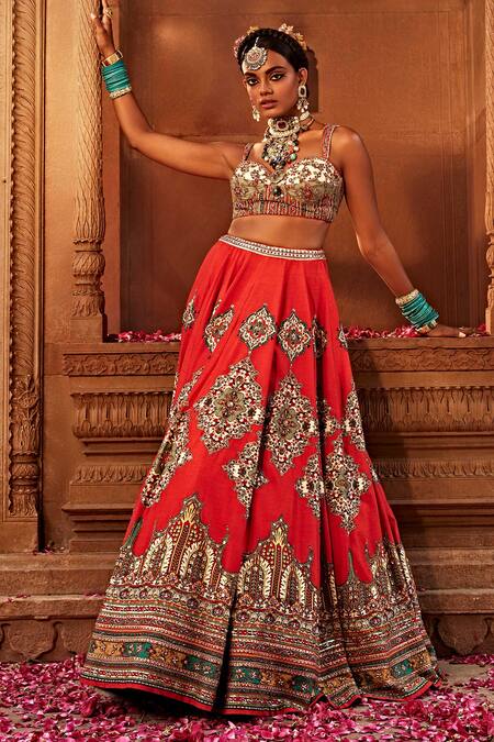 Buy Kalista Red Leatherette, Tissue, Silk, Zaina Persian Flower Pattern Bridal Lehenga Set Online at Aza Fashions Buy_Kalista_Red Leatherette, Tissue, Silk, Zaina Persian Flower Pattern Bridal Lehenga Set _Online_at_Aza_Fashions